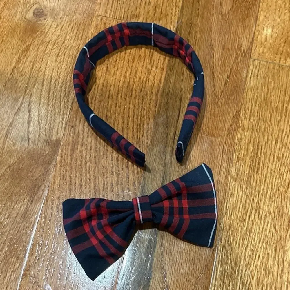 Girls School Uniform Bow and headband set  Lands End Large Plaid